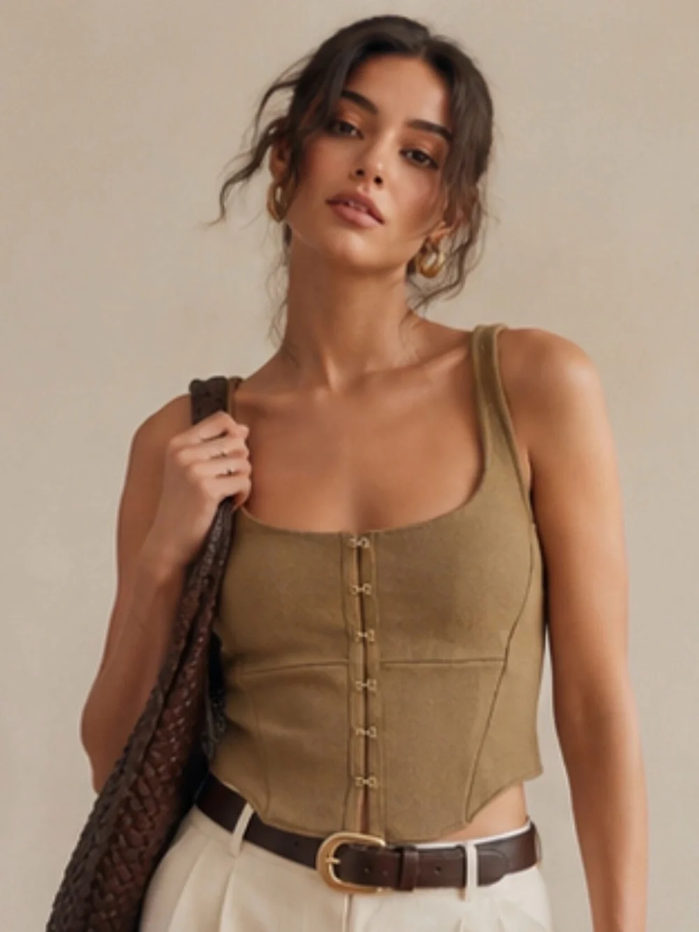 NWT By Anthropologie Khaki Structured Knit Corset Top - Picture 3 of 9